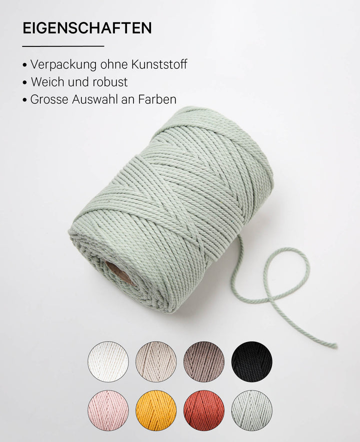 Corde macramé petite verte, fil Lalana pour projets macramé, vert gris, 2 mm x environ 160 m, environ 500 g