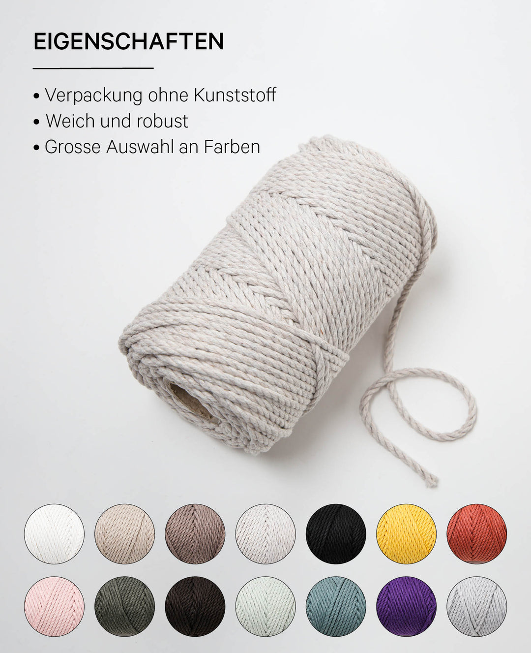 Macrame Rope light grey, Lalana Knüpfgarn für Makramee Projekte, Hellgrau, 3 mm x ca. 90 m, ca. 330 g