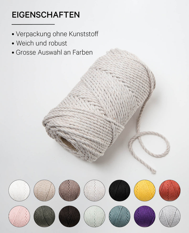 Macrame Rope light grey, Lalana Knüpfgarn für Makramee Projekte, Hellgrau, 3 mm x ca. 90 m, ca. 330 g