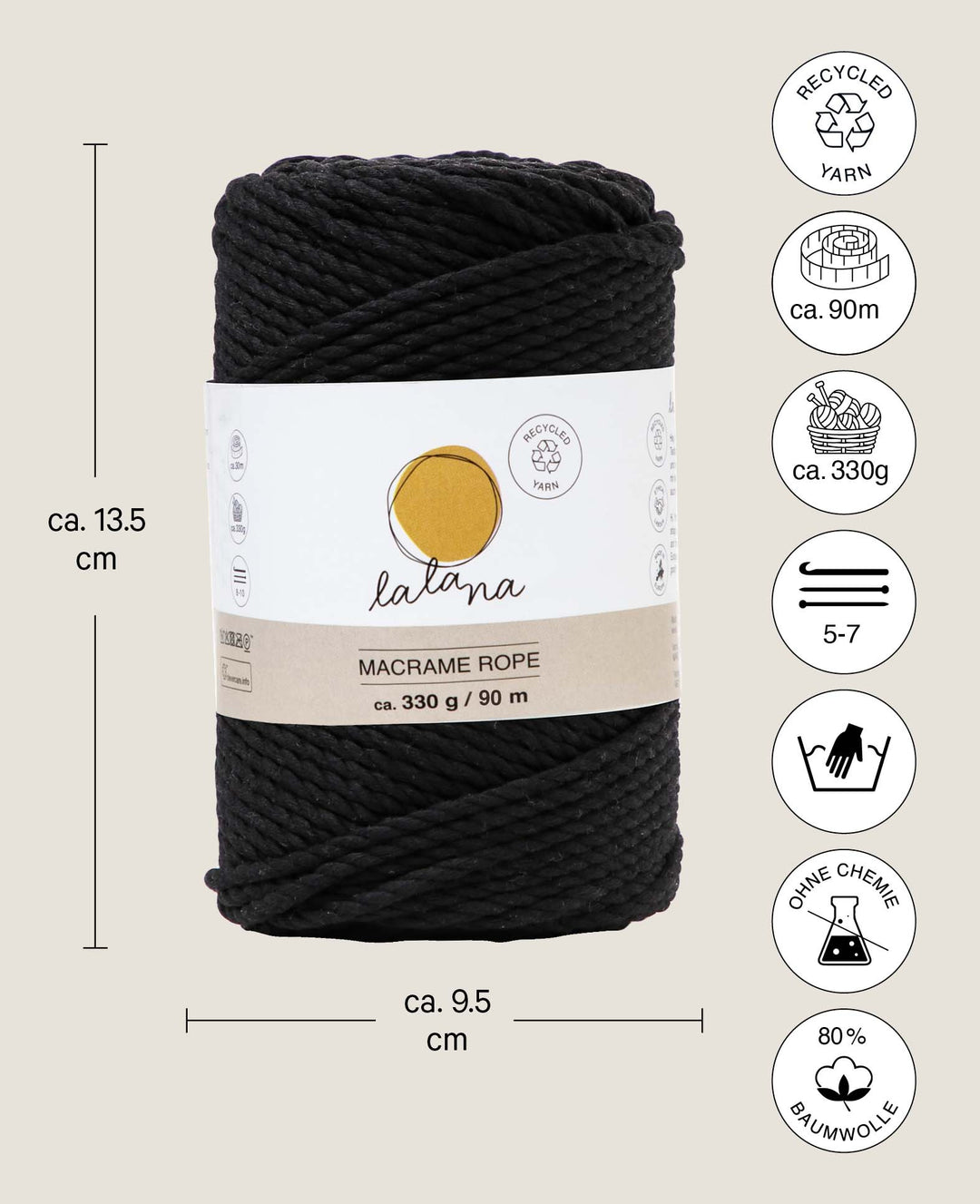 Macrame Rope black, Lalana Macrame Yarn for Macrame Projects, Black, 3 mm x approx. 90 m, approx. 330 g