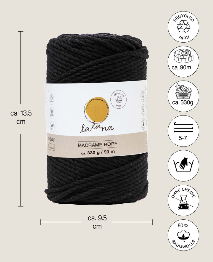 Macrame Rope black, Lalana Macrame Yarn for Macrame Projects, Black, 3 mm x approx. 90 m, approx. 330 g