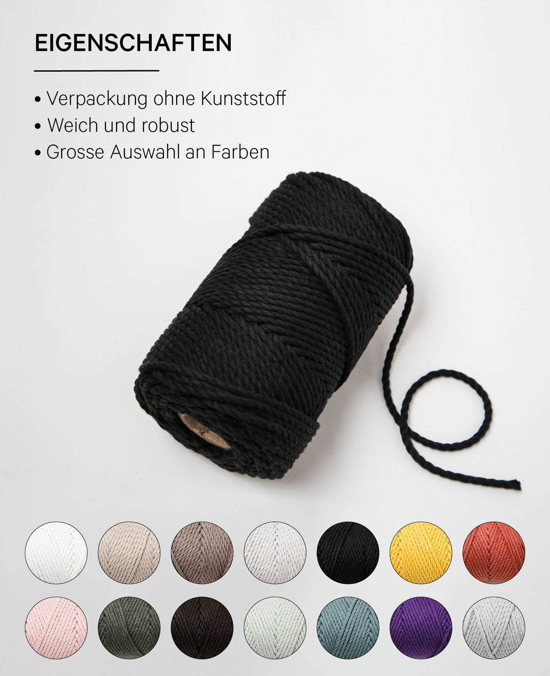 Macrame Rope black, Lalana Macrame Yarn for Macrame Projects, Black, 3 mm x approx. 90 m, approx. 330 g