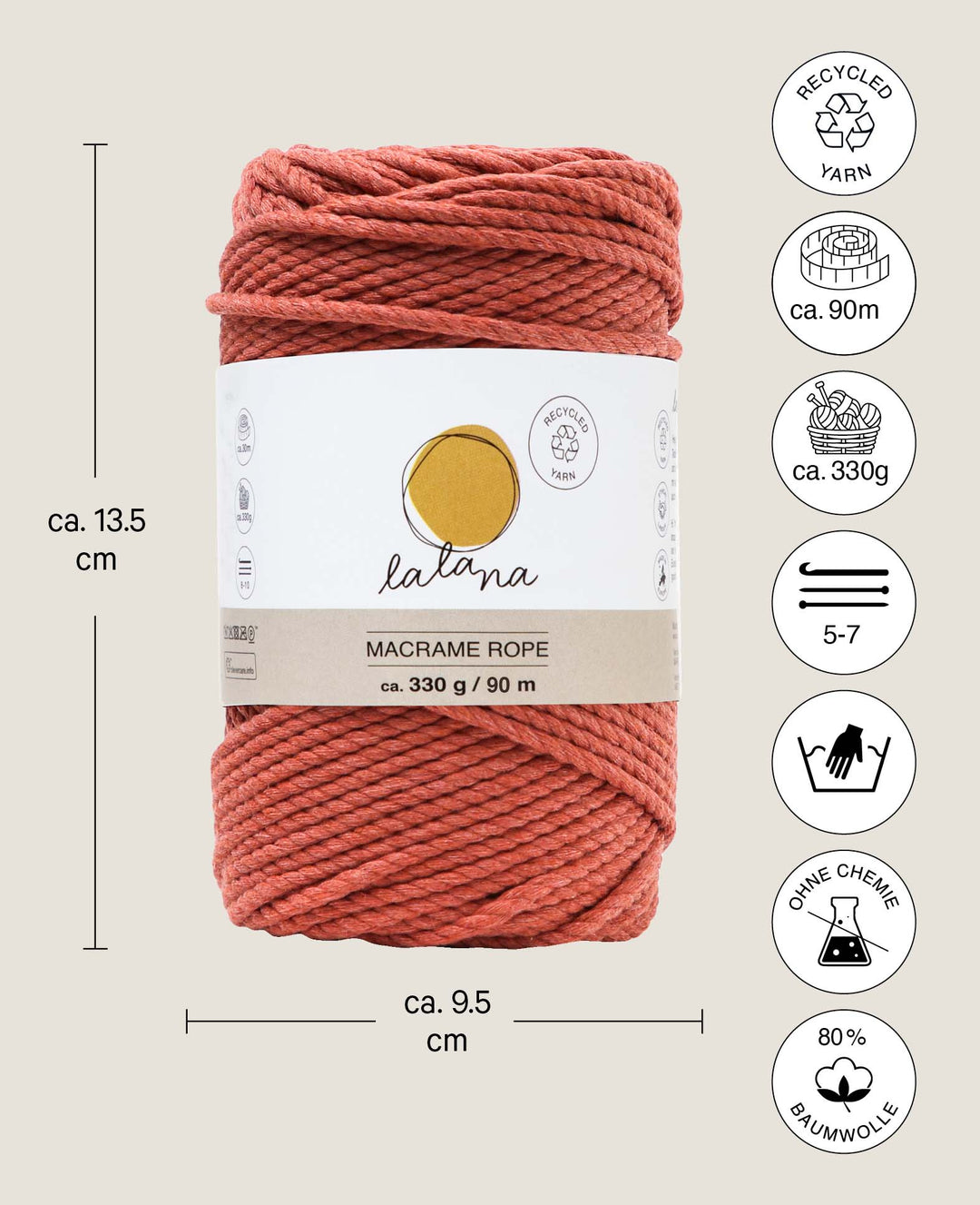 Macrame Rope rusty, Lalana knotting yarn for macrame projects, rust red, 3 mm x approx. 90 m, approx. 330 g