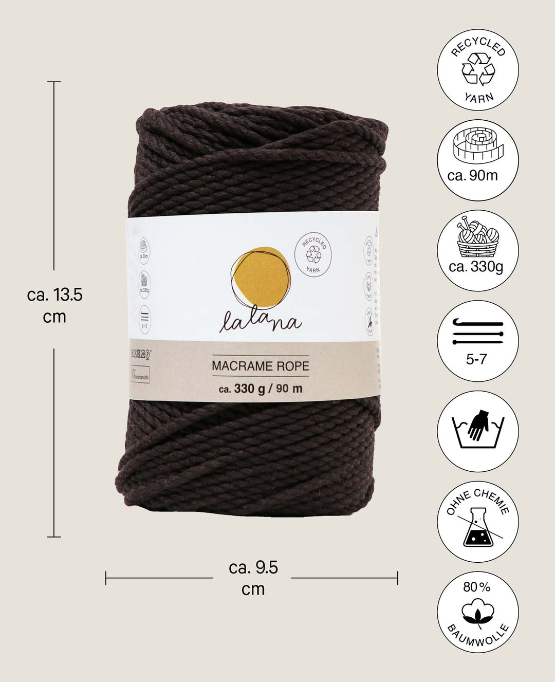 Macrame Rope brown, Lalana knotting yarn for macrame projects, brown, 3 mm x approx. 90 m, approx. 330 g