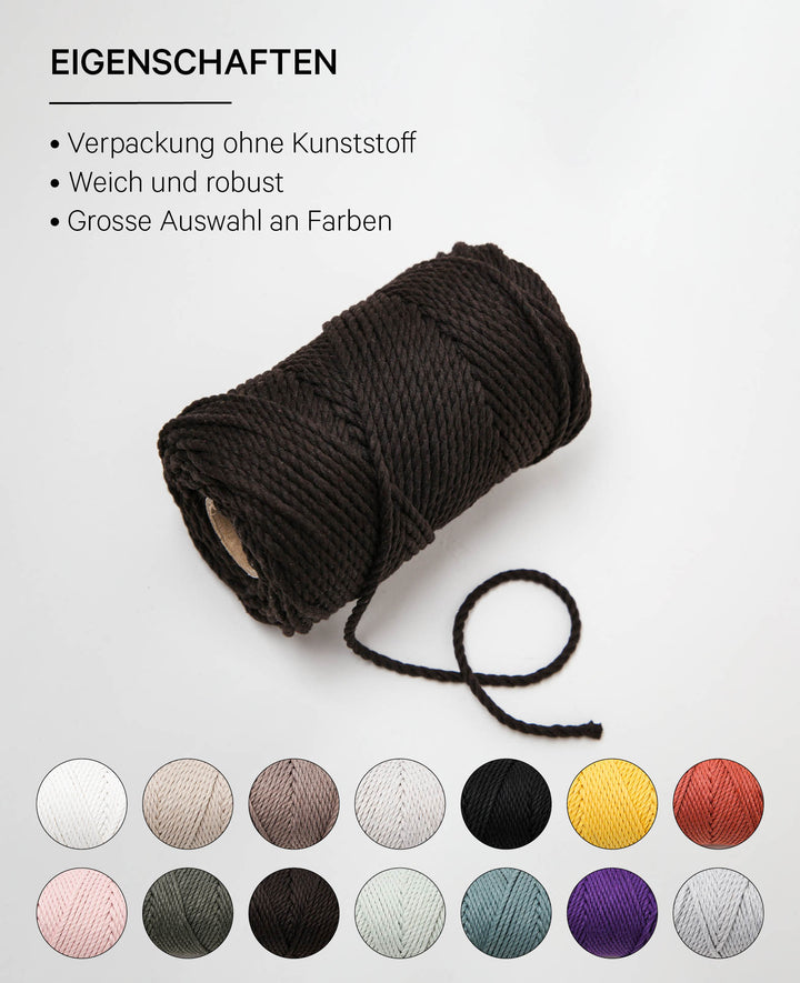 Macrame Rope brown, Lalana knotting yarn for macrame projects, brown, 3 mm x approx. 90 m, approx. 330 g