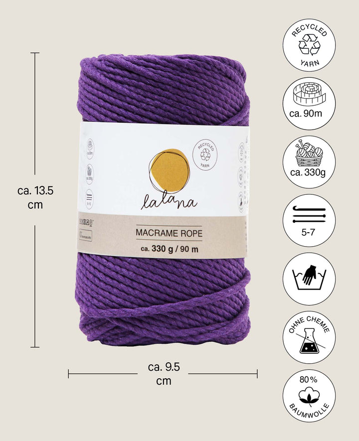 Corde macramé mauve, fil à nouer Lalana pour projets macramé, violet, 3 mm x env. 90 m, env. 330 g