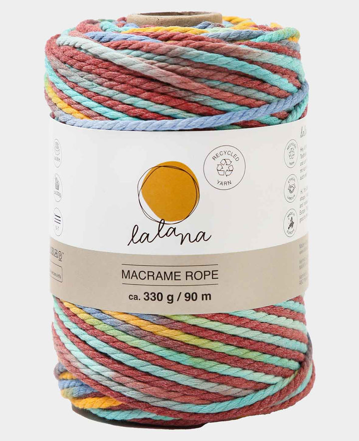 Lalana Macrame Rope Rainbow, knotting yarn, blue, ochre, turquoise, burgundy mix, 3 mm x approx. 90 m, approx. 330 g