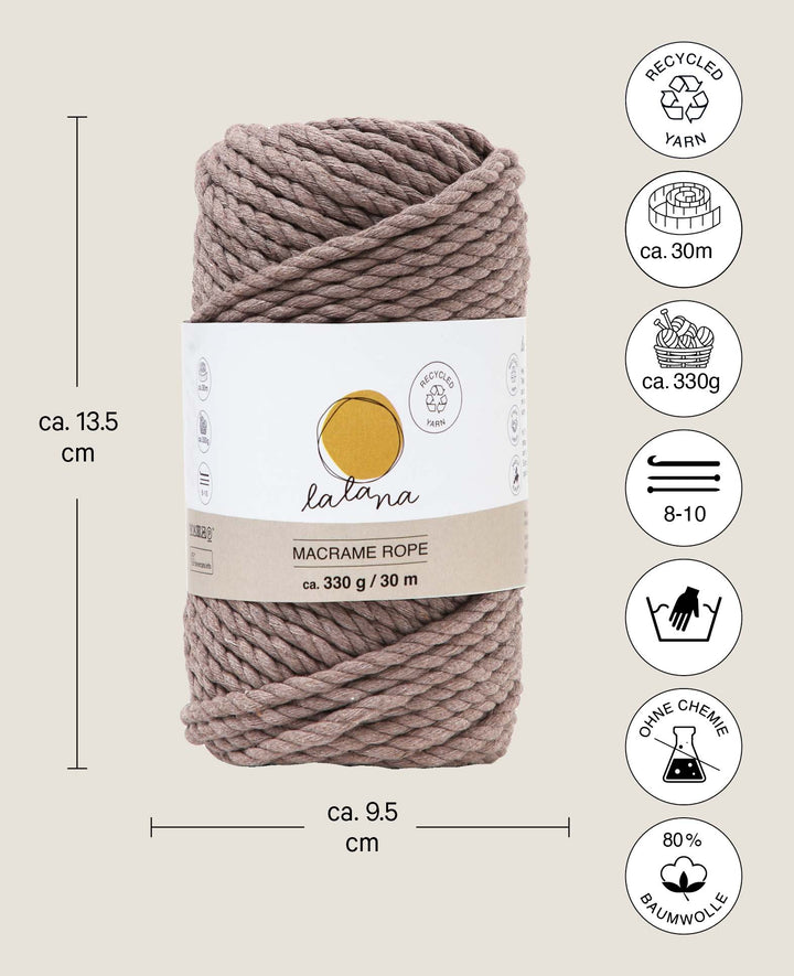 Corde en macramé couleur café, fil de tricot Lalana pour projets de macramé, marron, 5 mm x environ 30 m, environ 330 g