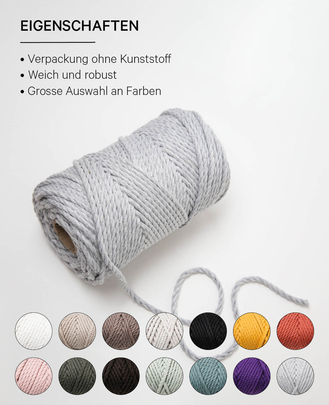 Macrame Rope light grey, Lalana Knüpfgarn für Makramee Projekte, Hellgrau, 5 mm x ca. 30 m, ca. 330 g
