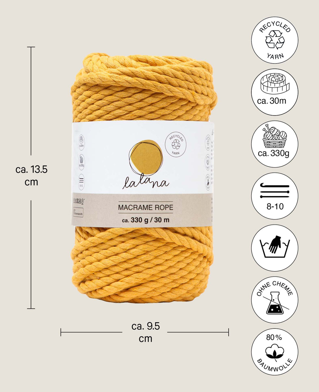 Corde à macramé moutarde, fil à nouer Lalana pour projets macramé, jaune moutarde, 5 mm x env. 30 m, env. 330 g