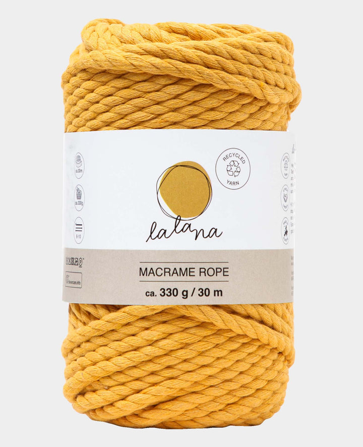 Corde à macramé moutarde, fil à nouer Lalana pour projets macramé, jaune moutarde, 5 mm x env. 30 m, env. 330 g
