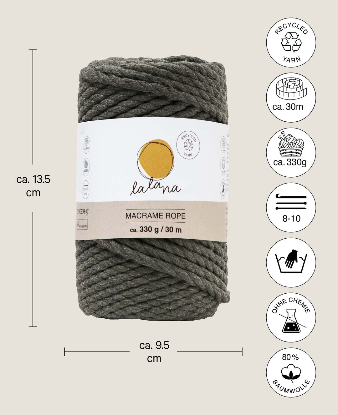 Corde macramé kaki, fil à tricoter Lalana pour projets macramé, couleur terre, 5 mm x environ 30 m, environ 330 g
