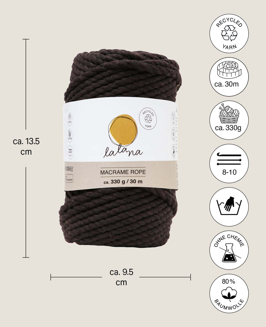 Macrame Rope brown, Lalana Macrame Yarn for Macrame Projects, Brown, 5 mm x approx. 30 m, approx. 330 g
