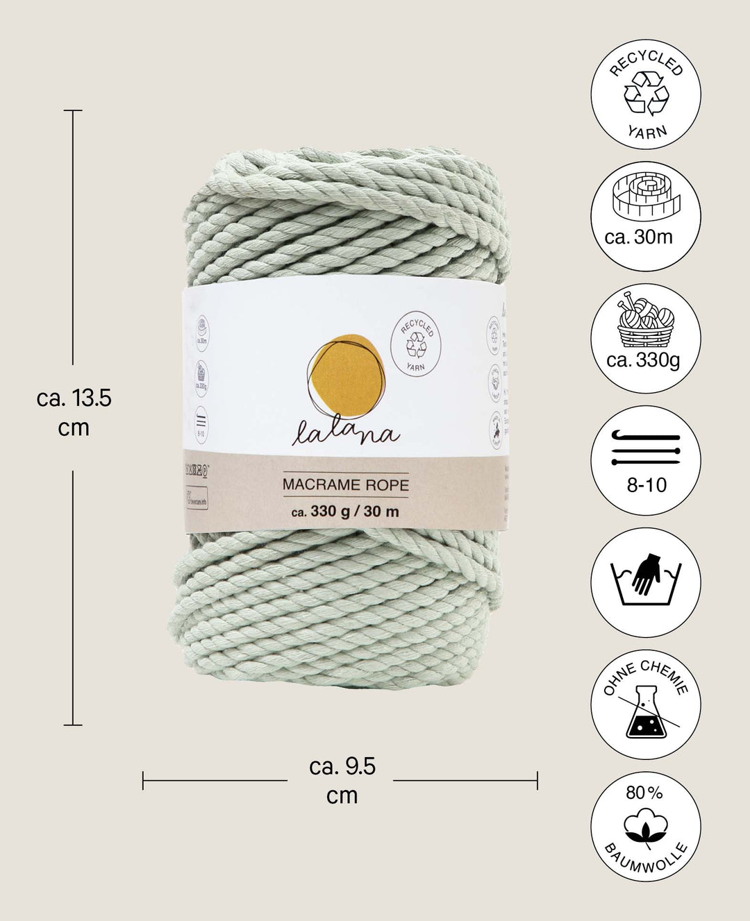 Corde macramé vert clair, fil à nouer Lalana pour projets macramé, gris-vert, 5 mm x env. 30 m, env. 330 g