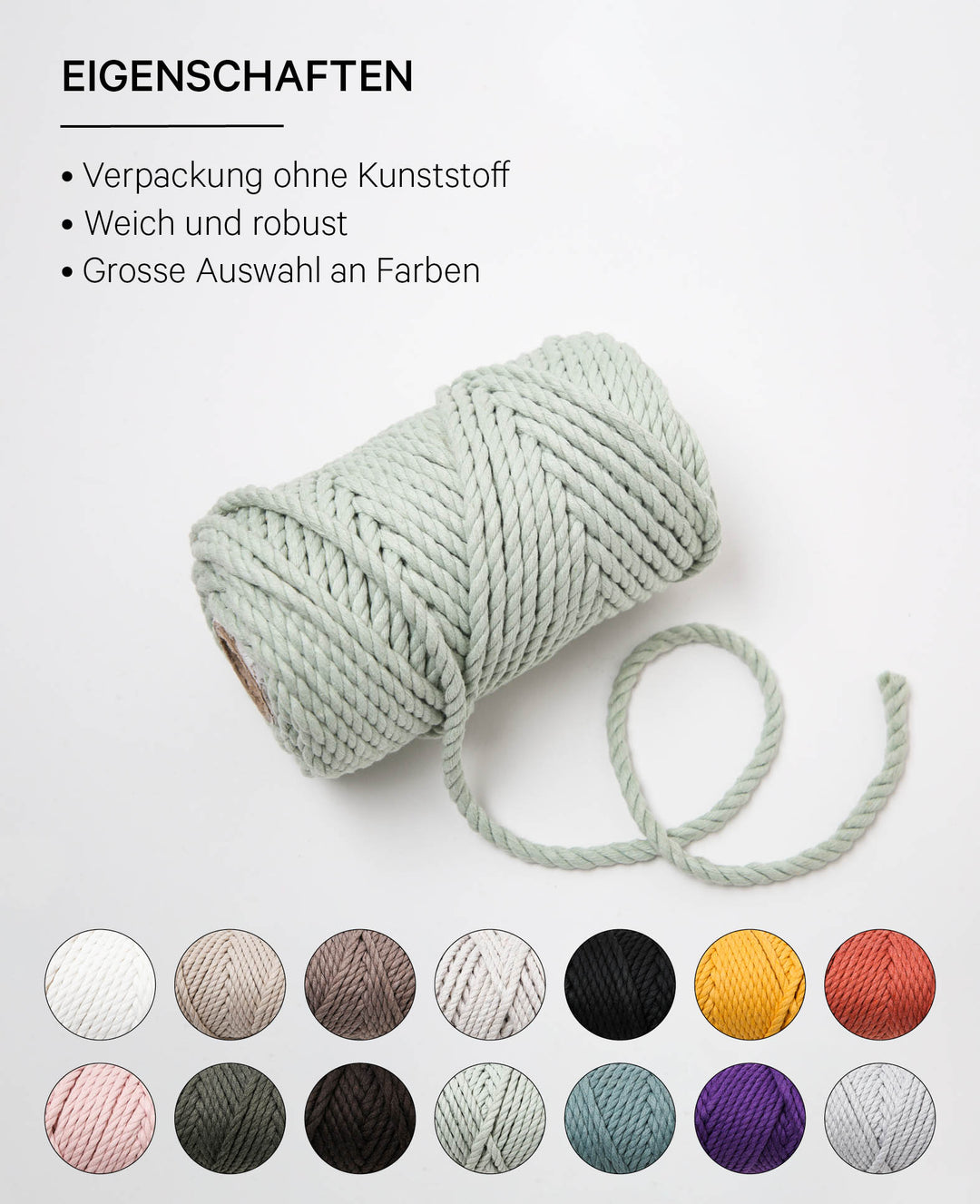 Corde macramé vert clair, fil à nouer Lalana pour projets macramé, gris-vert, 5 mm x env. 30 m, env. 330 g