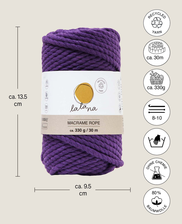 Corde macramé mauve, fil à nouer Lalana pour projets macramé, violet, 5 mm x env. 30 m, env. 330 g