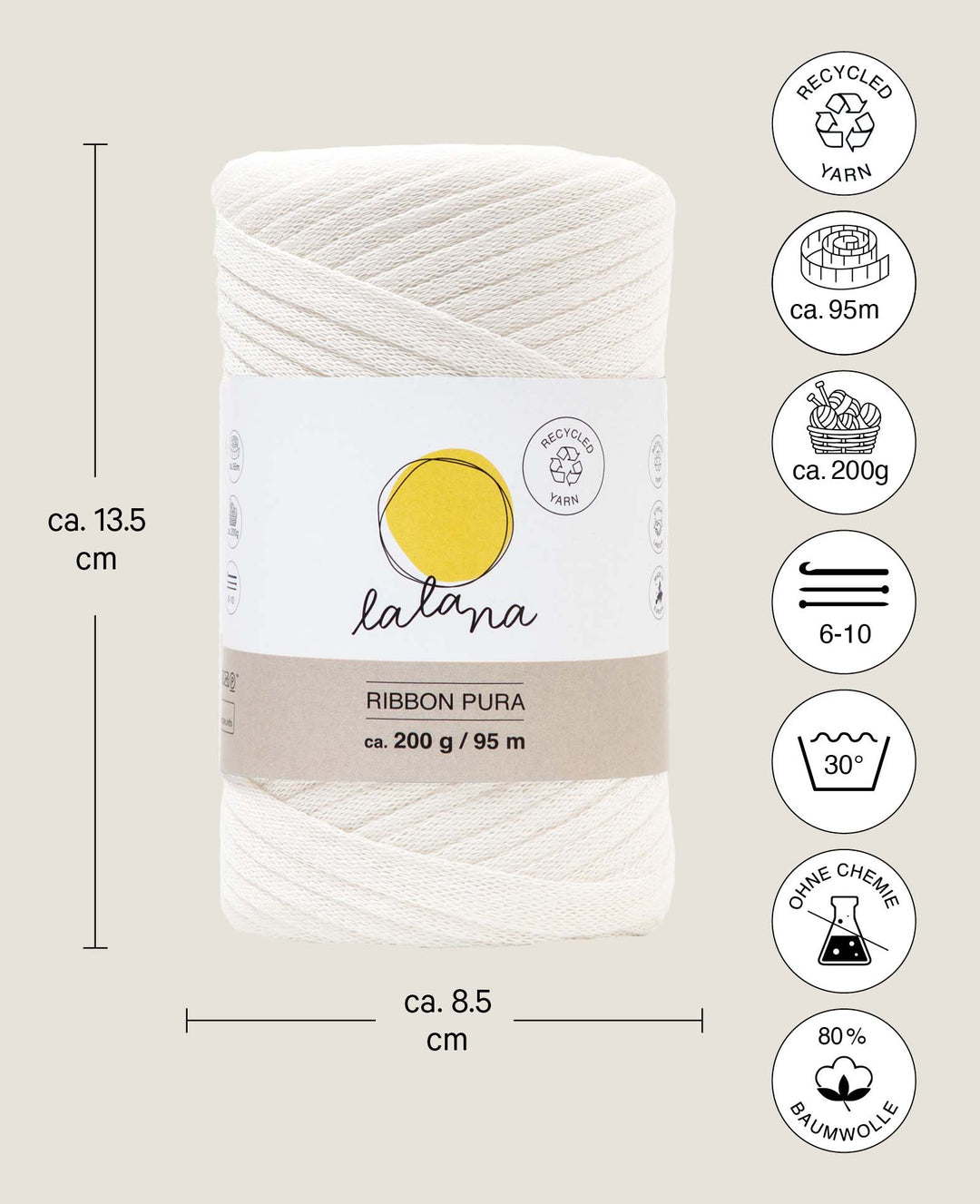 Ribbon Pura cream, Lalana ribbon yarn for crochet, knitting, knotting &amp; macrame projects, cream color, approx. 8 x 1 mm x 95 m, approx. 200 g