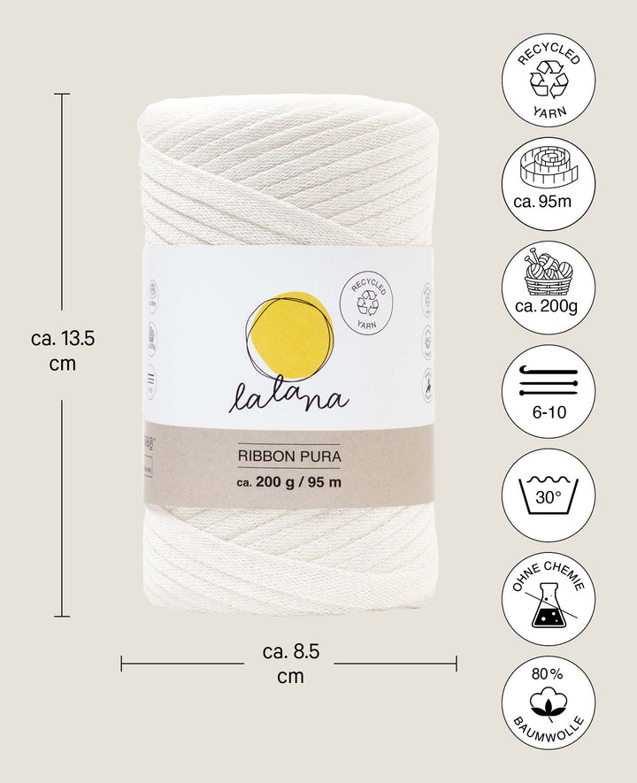 Ribbon Pura cream, Lalana ribbon yarn for crochet, knitting, knotting &amp; macrame projects, cream color, approx. 8 x 1 mm x 95 m, approx. 200 g