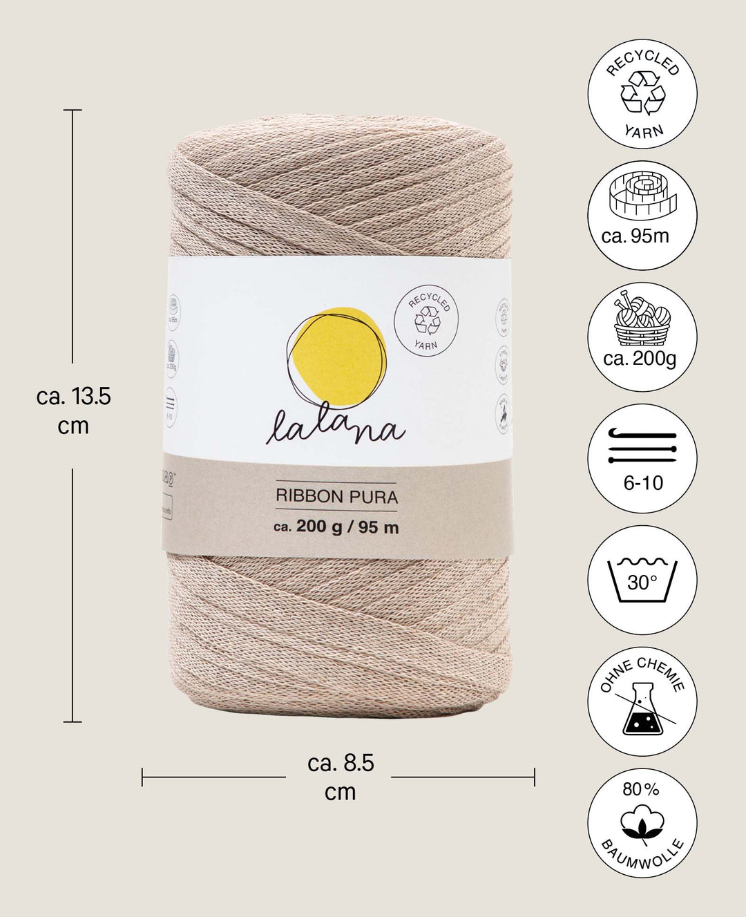 Ruban Pura beige, fil de bande Lalana pour projets de crochet, tricot, nouage et macramé, beige, env. 8 x 1 mm x 95 m, env. 200 g