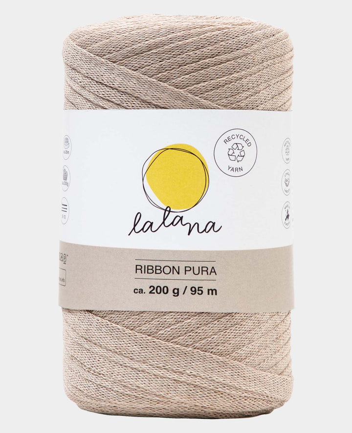 Ruban Pura beige, fil de bande Lalana pour projets de crochet, tricot, nouage et macramé, beige, env. 8 x 1 mm x 95 m, env. 200 g