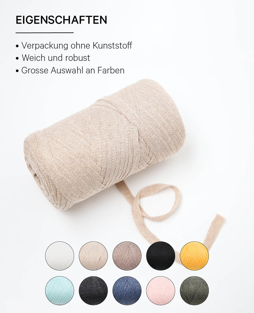 Ruban Pura beige, fil de bande Lalana pour projets de crochet, tricot, nouage et macramé, beige, env. 8 x 1 mm x 95 m, env. 200 g
