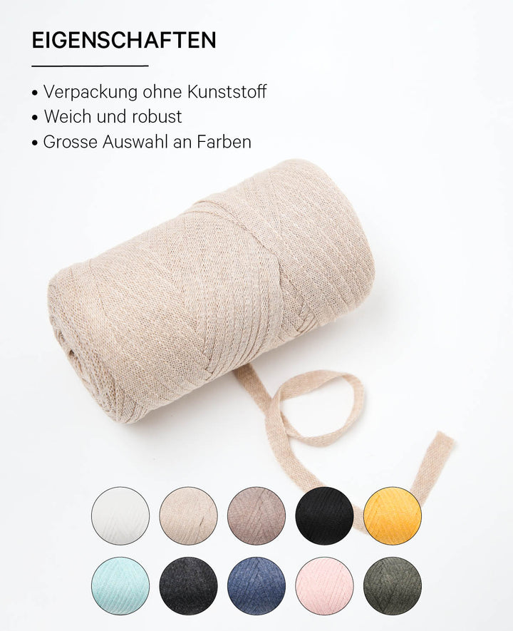 Ruban Pura beige, fil de bande Lalana pour projets de crochet, tricot, nouage et macramé, beige, env. 8 x 1 mm x 95 m, env. 200 g