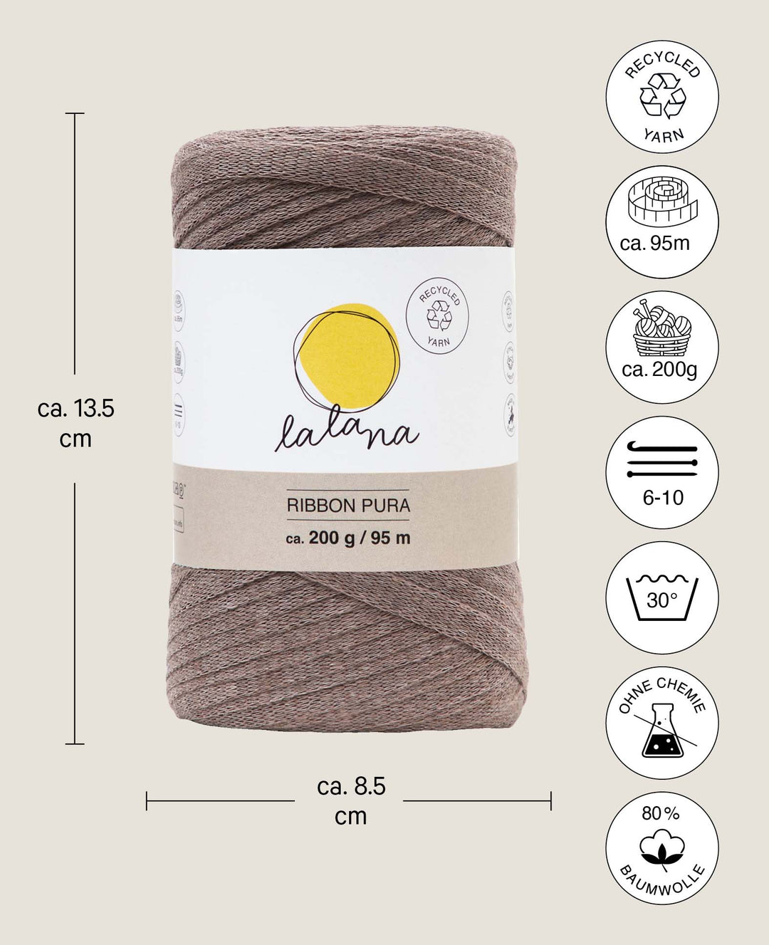 Ribbon Pura coffee, Lalana Ribbon yarn for crochet, knitting, knotting &amp; macrame projects, brown, approx. 8 x 1 mm x 95 m, approx. 200 g