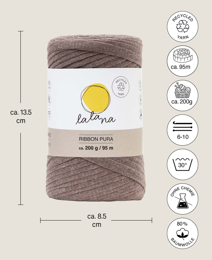 Ribbon Pura coffee, Lalana Ribbon yarn for crochet, knitting, knotting &amp; macrame projects, brown, approx. 8 x 1 mm x 95 m, approx. 200 g