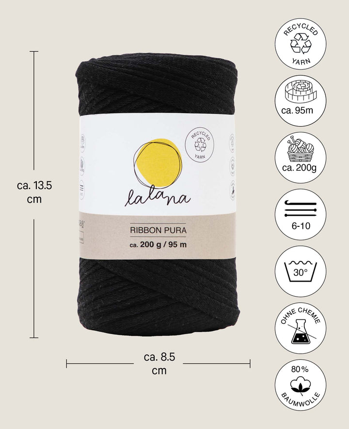 Ruban Pura noir, fil Lalana pour le crochet, le tricot, le nouage et les projets de macramé, noir, environ 8 x 1 mm x 95 m, environ 200 g