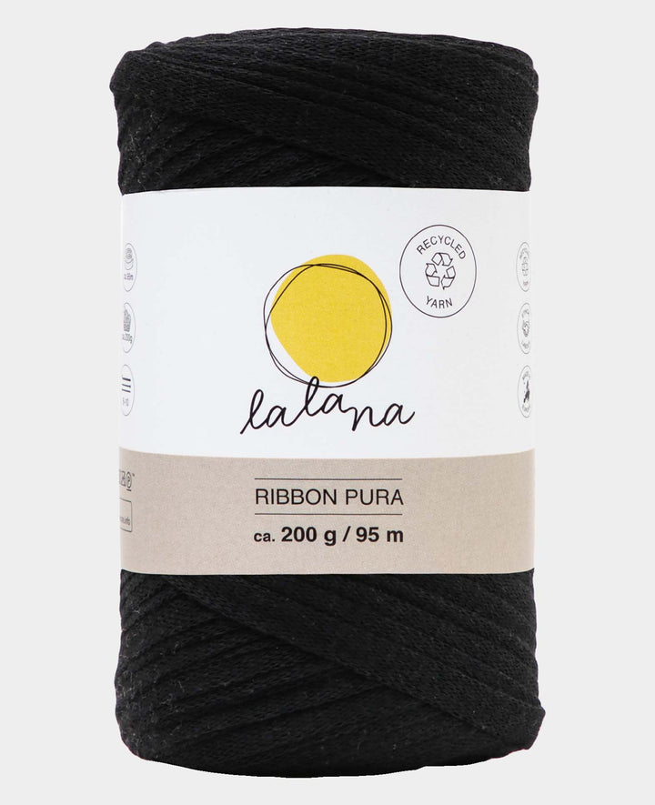 Ruban Pura noir, fil Lalana pour le crochet, le tricot, le nouage et les projets de macramé, noir, environ 8 x 1 mm x 95 m, environ 200 g
