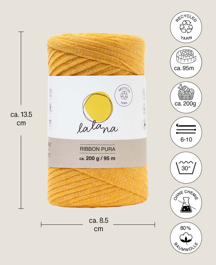 Ruban Pura moutarde, fil de bande Lalana pour projets de crochet, tricot, nouage et macramé, jaune moutarde, env. 8 x 1 mm x 95 m, env. 200 g