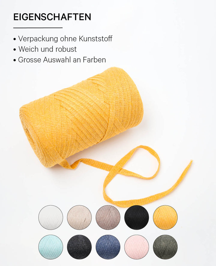 Ruban Pura moutarde, fil de bande Lalana pour projets de crochet, tricot, nouage et macramé, jaune moutarde, env. 8 x 1 mm x 95 m, env. 200 g