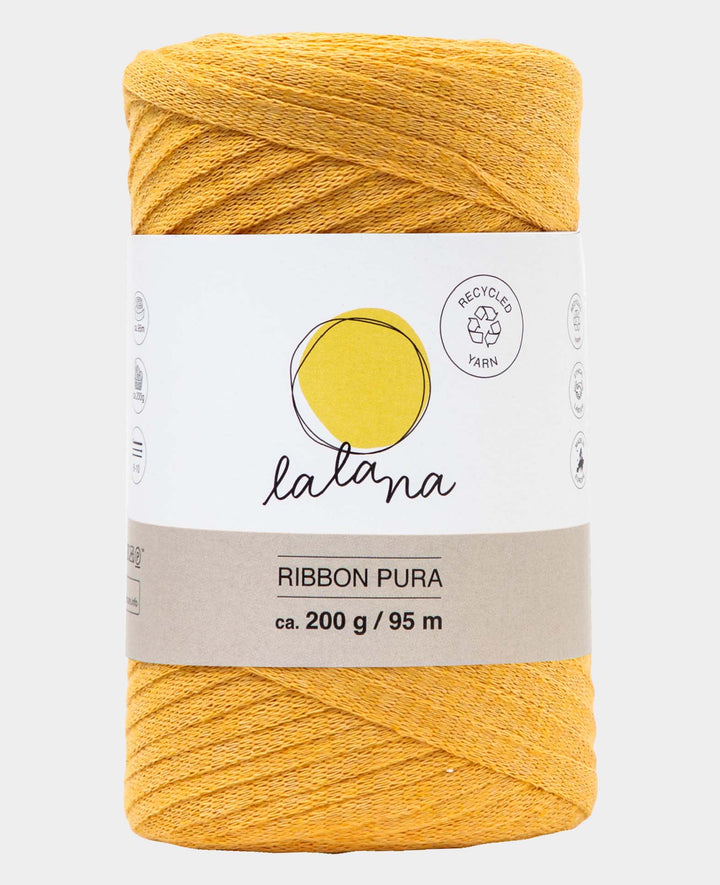 Ruban Pura moutarde, fil de bande Lalana pour projets de crochet, tricot, nouage et macramé, jaune moutarde, env. 8 x 1 mm x 95 m, env. 200 g