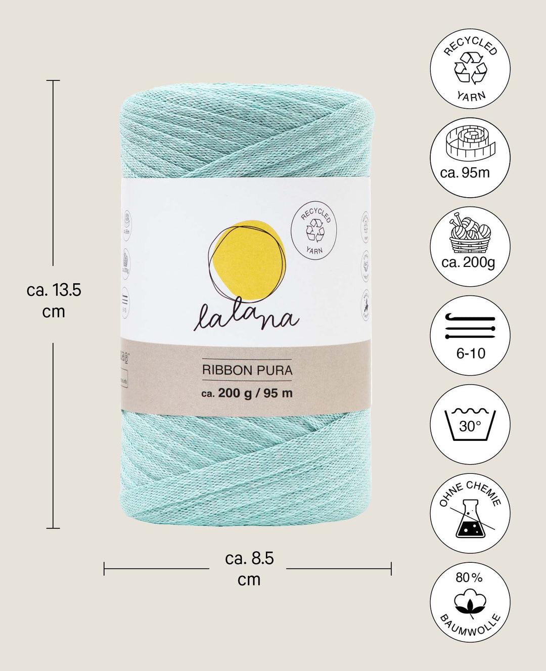 Ribbon Pura mint, tape yarn for crocheting, knitting, knotting &amp; macrame projects, mint green, approx. 8 x 1 mm x 95 m, approx. 200 g