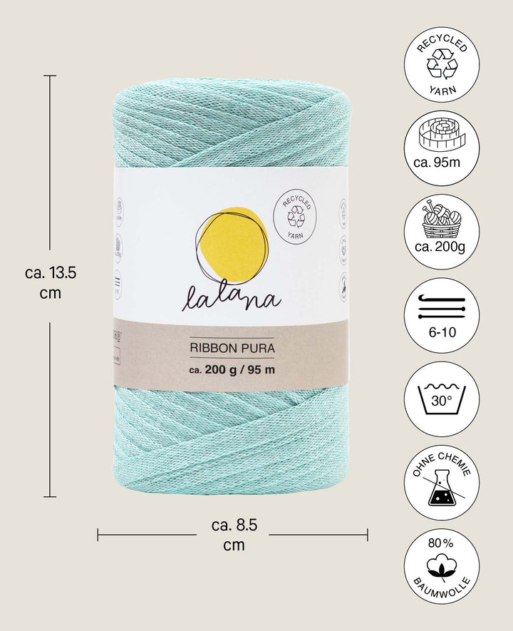 Ribbon Pura mint, tape yarn for crocheting, knitting, knotting &amp; macrame projects, mint green, approx. 8 x 1 mm x 95 m, approx. 200 g