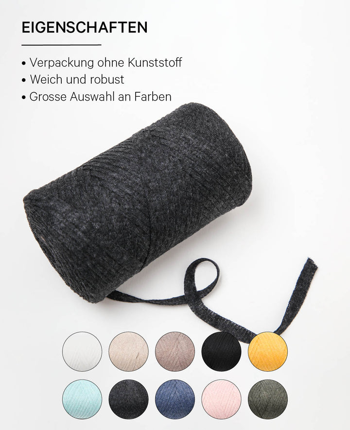 Ribbon Pura anthrazite, Lalana Bandgarn zum Häkeln, Stricken, Knüpfen &amp; Makramee Projekte, Dunkelgrau, ca. 8 x 1 mm x 95 m, ca. 200 g