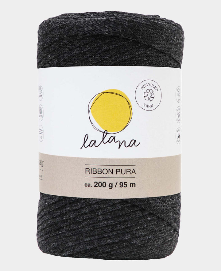 Ribbon Pura anthrazite, Lalana Bandgarn zum Häkeln, Stricken, Knüpfen &amp; Makramee Projekte, Dunkelgrau, ca. 8 x 1 mm x 95 m, ca. 200 g
