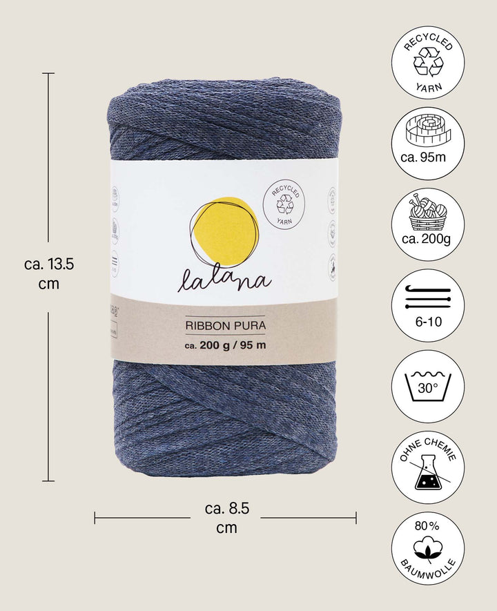 Ribbon Pura Jeans, Lalana Tape Yarn for Crocheting, Knitting, Knotting &amp; Macrame Projects, Blue-Grey, approx. 8 x 1 mm x 95 m, approx. 200 g