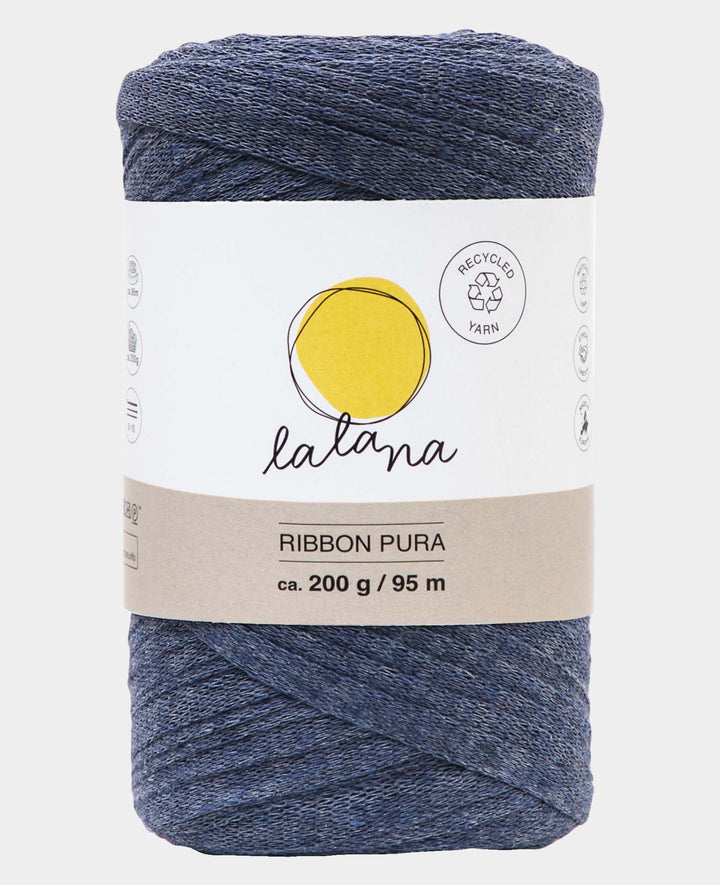 Ribbon Pura Jeans, Lalana Tape Yarn for Crocheting, Knitting, Knotting &amp; Macrame Projects, Blue-Grey, approx. 8 x 1 mm x 95 m, approx. 200 g