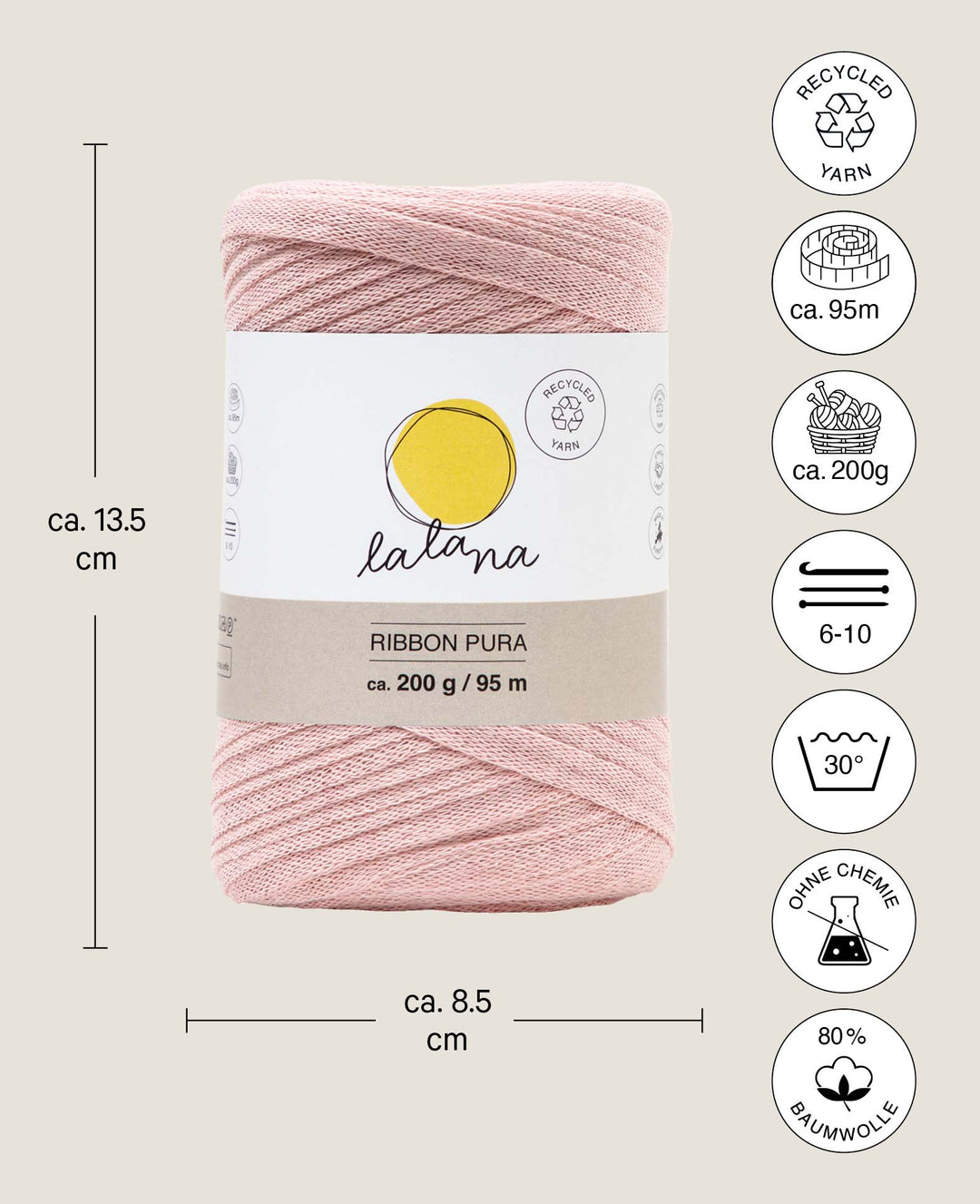 Ribbon Pura powder, Lalana ribbon yarn for crochet, knitting, knotting &amp; macrame projects, pink, approx. 8 x 1 mm x 95 m, approx. 200 g