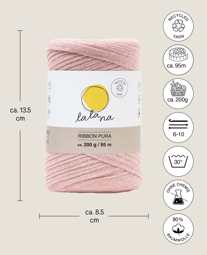 Ribbon Pura powder, Lalana ribbon yarn for crochet, knitting, knotting &amp; macrame projects, pink, approx. 8 x 1 mm x 95 m, approx. 200 g