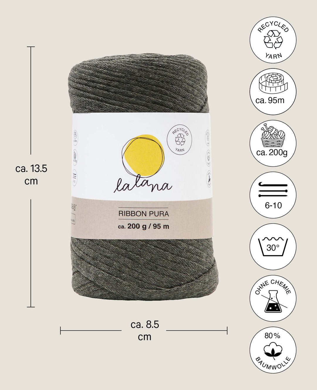 Ribbon Pura khaki, ribbon yarn for crocheting, knitting, knotting &amp; macramé projects, earthy color, approx. 8 x 1 mm x 95 m, approx. 200 g