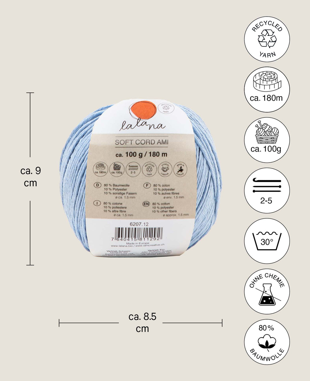 Soft Cord Ami light blue, Lalana Standard Yarn, Light Blue, approx. 1.5 mm x 180 m, approx. 100 g