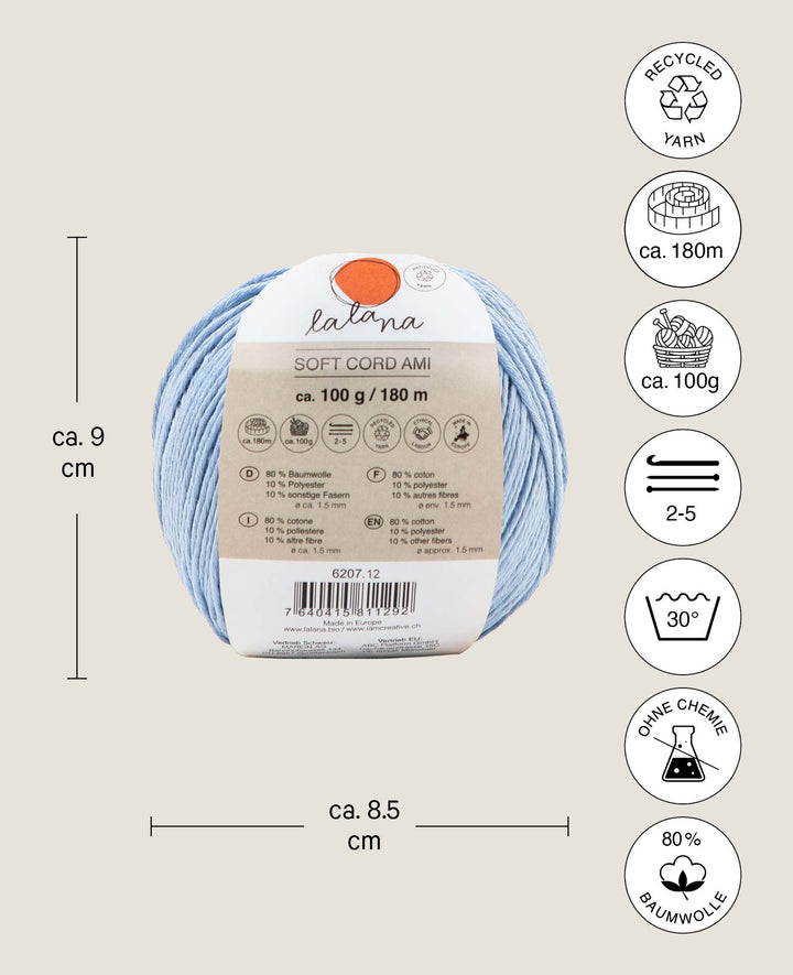 Soft Cord Ami light blue, Lalana Standard Yarn, Light Blue, approx. 1.5 mm x 180 m, approx. 100 g