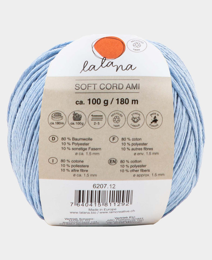 Soft Cord Ami light blue, Lalana Standard Yarn, Light Blue, approx. 1.5 mm x 180 m, approx. 100 g