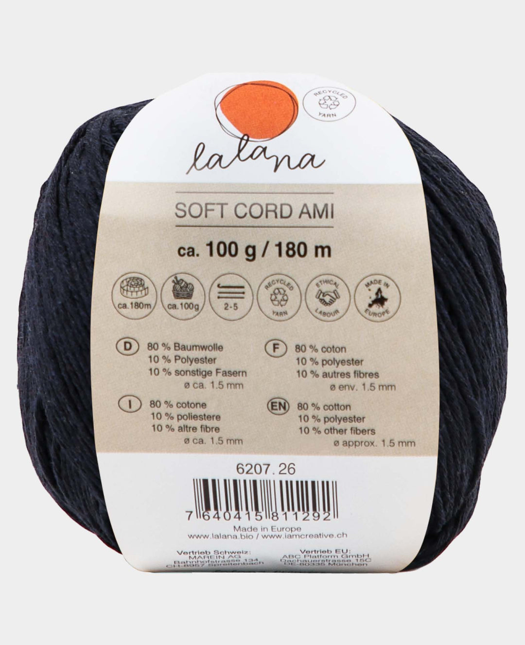 Soft Cord Ami night blue, Lalana Standardgarn, Dunkelblau, ca. 1.5 mm x 180 m, ca. 100 g