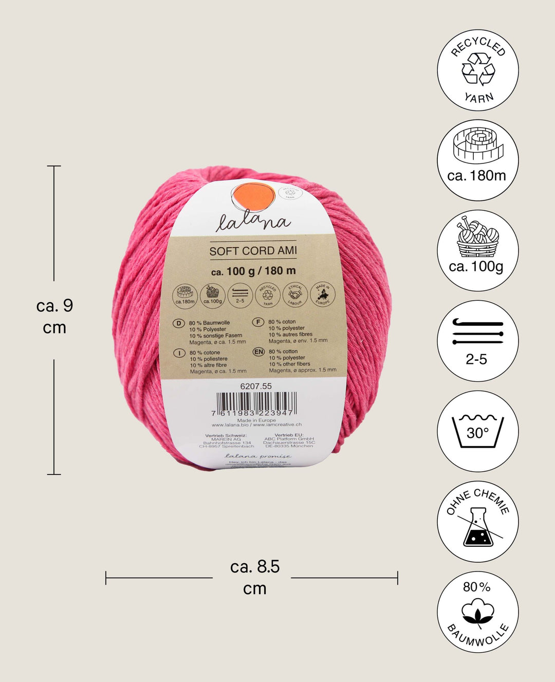Cord Ami doux magenta, fil standard Lalana, env. 1.5 mm x 180 m, env. 100 g