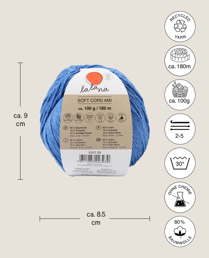 Cordon doux Ami azur Lalana Fil standard, bleu, environ 1,5 mm x 180 m, environ 100 g