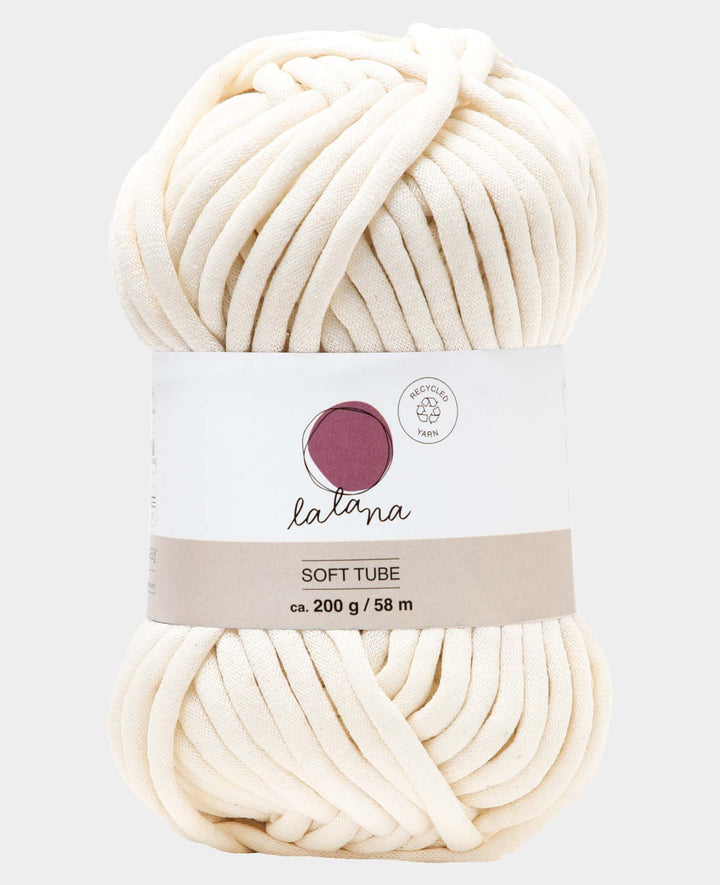 Crème Soft Tube, fil tubulaire Lalana pour crochet, tricot, nouage et projets de macramé, couleur crème, env. 6 mm x 58 m, env. 200 g