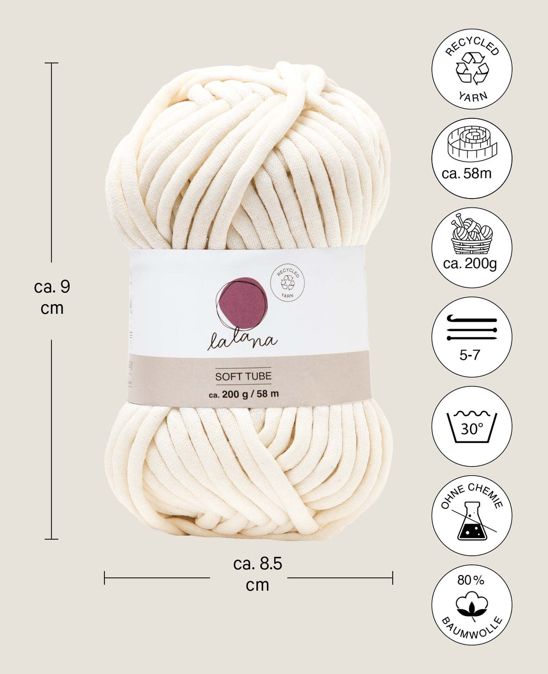 Crème Soft Tube, fil tubulaire Lalana pour crochet, tricot, nouage et projets de macramé, couleur crème, env. 6 mm x 58 m, env. 200 g